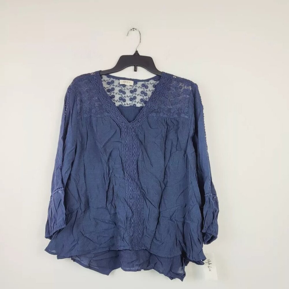 Style & Co Womens Small Industrial Blue Layered Hem 3/4 Sleeve Top NWT G70